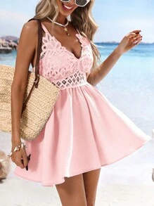 Vivid Eden روبر أنيق بدون أكمام من النسيج المطرز للنساء للاستخدام في عطلات - وردي - مشاهدة 5