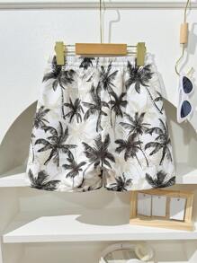 SHEIN Palm Tree Printed Swim Trunks For Teenage Boys, Comfortable And Casual For Swimming Pool And Beach