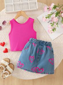 2pcs/Set Young Girl Solid Color Knit Camisole & Denim Shorts With Heart Graphic - Pink - View 1