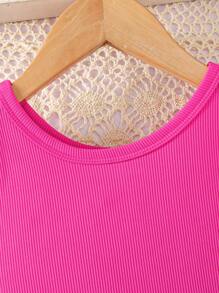 2pcs/Set Young Girl Solid Color Knit Camisole & Denim Shorts With Heart Graphic - Pink - View 3