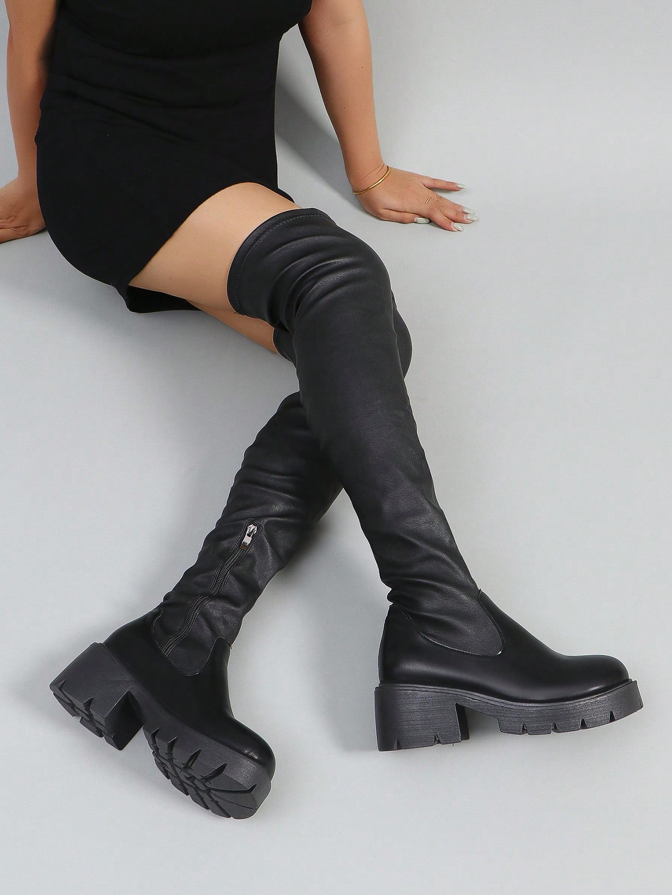 ぽちょ Women Thigh High Boots Round Toe Side Zip Chunky Heels Over