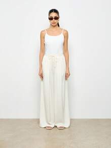 AiiRZ Luxurious Wide Leg Box Pleat Satin Palazzo Pants With Drawstring Waist, Elegant Flowing Loungewear For Special Occasions, Formal Events, Resort Wear