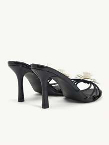 CUCCOO CHICEST 女士夏季新款山茶花圆头细高跟鞋优雅浪漫黑白撞色仿皮凉鞋，派对约会时尚度假风格