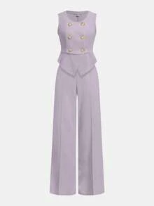 SHEIN 2件套少女休闲优雅简约通勤上衣外套和裤子套装 - 淡紫色 - 查看 10