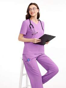 Scrubzie Conjunto Uniforme de Scrub Cor Sólida com Top de Manga Curta e Calça