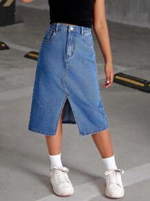 SHEIN Tween Girl'' Casual Denim Skirt With Front Slit, Fashionable And Versatile Fall Winter