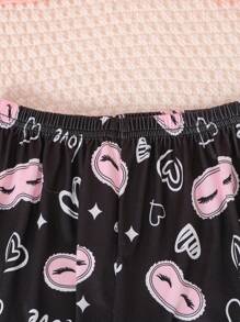 Genkimix Kids Tween Girl Stylish Pink Eyelash Print Long Sleeve Top And Pants 2 Pieces Pajama Set, Comfortable Home Outfit