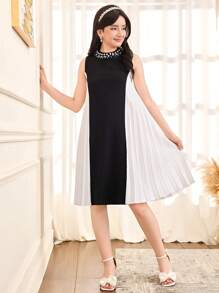 Vestido holgado de punto de cuello redondo elegante con parches plisados para adolescentes