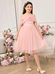 Tween Girl Elegant Pink Mesh Floral Dress, Summer - Pink - View 1