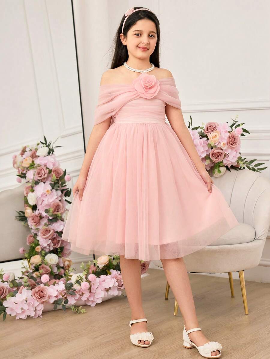 Tween Girl Elegant Pink Mesh Floral Dress, Summer - Pink - View 1