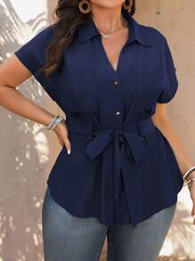 Vionelle 大码女式优雅法式纯色领口 V 领短袖衬衫，肩带腰部，适合工作、休闲和度假穿着 - 藏蓝色 - 查看 3