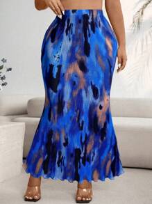 Celure تنورة ماكسي ذات خصر مطاطي مطبوعة بطباعة التعتيق للمرأة بحجم كبير، تنورة ماكسي ذات حافة ذيل السمكة عصرية - الأزرق - مشاهدة 3