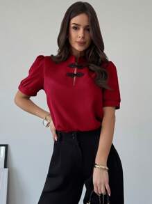 Firerie Nueva camisa elegante y romántica de botones con mangas abullonadas y contraste de colores para mujer, para primavera/verano - Burdeos - Ver 4
