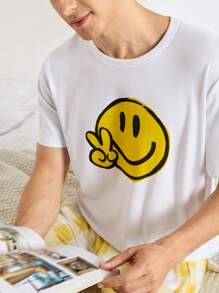 Men's Casual Graphic Print Yellow Round Neck Short Sleeve Top And Pants Homewear Set - Multicolor - View 3