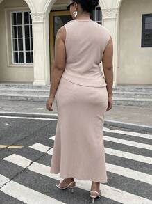 Flirla Plus Size Elegant Solid Color Tie Wrap Cami And Mermaid Hem Skirt 2 Pieces Set, Summer