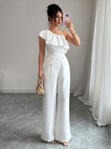 Elenzga 女式荷叶边不对称领口连体裤，夏季新品 - 白色 - 查看 3