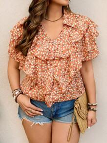SHEIN LUNE Plus Size Women Orange Ditsy Floral Ruffle Hem Shirt, Easter