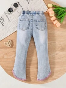 1pc Girls Casual School Style Blue Washed Cotton Denim Flared Pants With Ruffle Hem - Blue - View 2