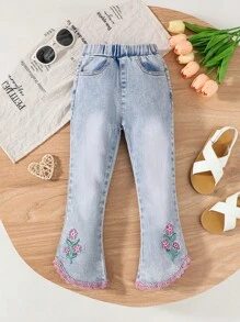 1pc Girls Casual School Style Blue Washed Cotton Denim Flared Pants With Ruffle Hem - Blue - View 4