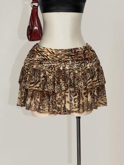 SHEIN ICON 加大码高腰荷叶边下摆豹纹百褶裙，夏季时尚