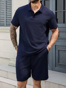 Manfinity Homme 大码男士纯色短袖 Polo 衫和短裤套装，休闲简约质感