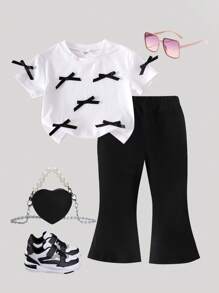 2 Pieces Set Baby Girl Summer New Style Bowknot Sweet Casual Short Sleeve Top + High Waist Flare Pants, Fashionable Korean Outfit