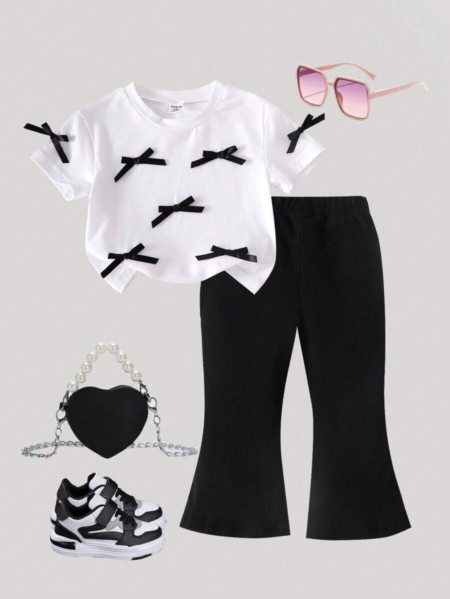 2 Pieces Set Baby Girl Summer New Style Bowknot Sweet Casual Short Sleeve Top + High Waist Flare Pants, Fashionable Korean Outfit