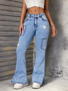 SHEIN SXY Jeans acampanados informales con decoración de rhinestones para mujeres - Azul - Ver 3