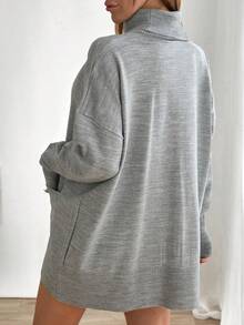 EURMUSE Women's High Neck Dropped Shoulder Long Sleeve Dual Pocket Casual Loose Knit Sweater Dress, Autumn/Winter - Grey - View 2