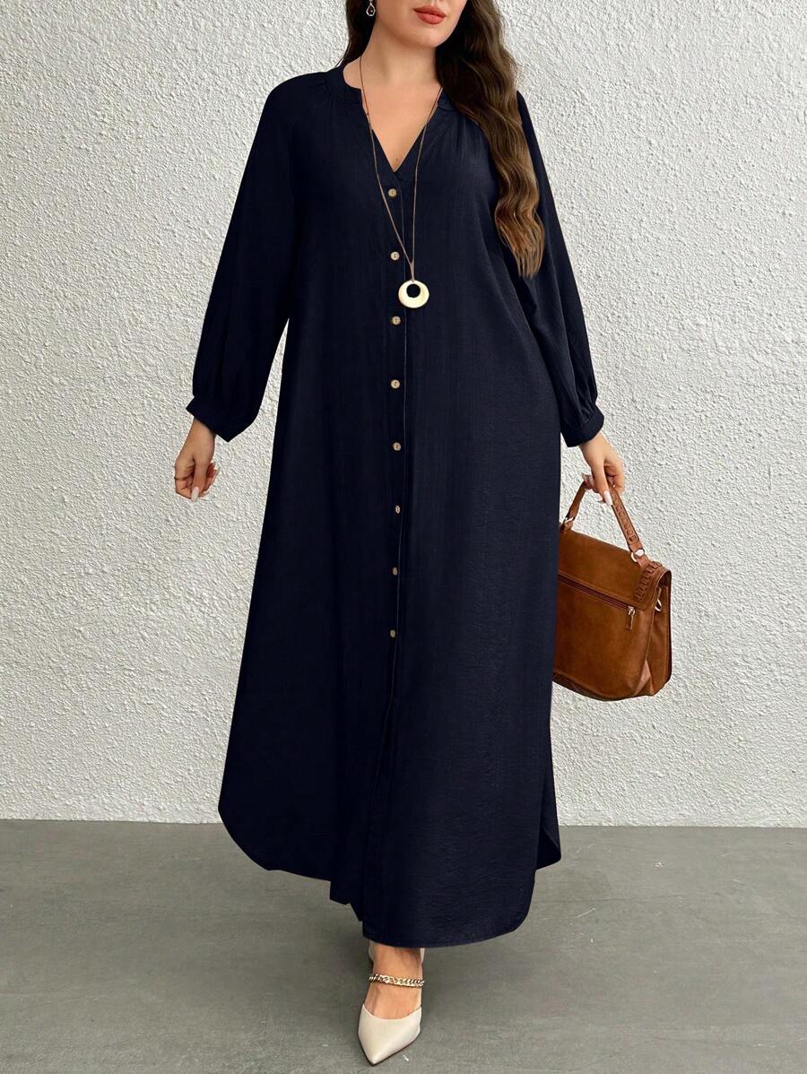 SHEIN LUNE Plus Size Solid Color V-Neck Front Button Casual Long Sleeve Dress Maxi Women Outfit - Navy Blue - View 1
