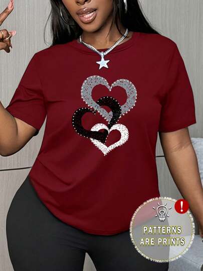 BamGleam Fitted Women's Casual Short Sleeve T-Shirt, Heart Print