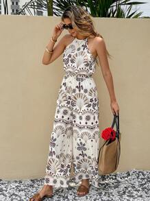 SHEIN Frenchy Bộ đồ liền thân không tay cổ yếm in họa tiết toàn thân cho nữ - Nhiều màu - Xem 5