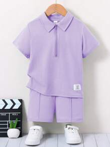 SHEIN 2pcs/Set Young Boy Letter Print Short Sleeve Casual Polo Shirt T-Shirt + Shorts Outfit - Mauve Purple - View 1