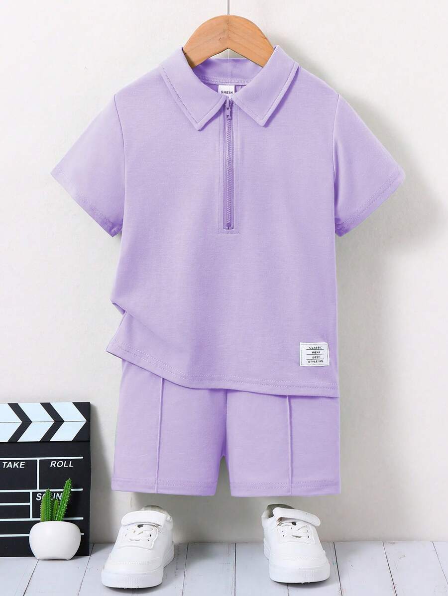SHEIN 2pcs/Set Young Boy Letter Print Short Sleeve Casual Polo Shirt T-Shirt + Shorts Outfit - Mauve Purple - View 1