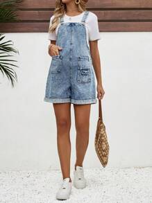 SHEIN 孕妇休闲百搭牛仔连体裤，带口袋，母亲节/妈妈/母亲/妈妈/母亲节/妈妈/妈妈/母亲节礼物，夏季/女士夏季服装/夏季服装/可爱夏季上衣/夏季下装 - 藍色 - 查看 6