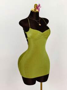 Amplova 褶饰胸部交叉露背吊带迷你连衣裙 - 綠色 - 查看 4