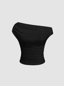 Sweetra Versatile Comfortable Solid Color Asymmetric Shoulder Short Sleeve Cropped T-Shirt, Fitted - Multicolor - View 4