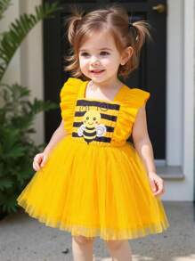 SHEIN Playful Pals 1pc Baby Girls Crew Neck Striped Bee Sleeveless Cap Sleeve Mesh Princess Dress, Cute Casual Everyday Party School Halloween Tulle Skirt, Summer New Arrival - Yellow - View 1