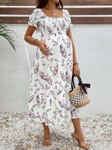 SHEIN Vestido de maternidad de cambio de manga corta con cuello cuadrado y estampado floral, para el verano