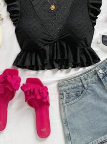 Soleia Eyelet Embroidery Ruffle Trim Crop Top - Black - View 5