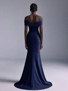 Elitara Váy bó sát vai trễ vai bằng vải kim loại co giãn sang trọng và thanh lịch, tay áo cánh bướm, trang trí viền đuôi cá, thích hợp cho tiệc tối, tiệc Gala, tiệc độc thân, những dịp trang trọng, váy cưới, cho khách dự tiệc cưới - Xanh đậm - Xem 2