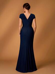 Serin 优雅简约高端深蓝色心形领口褶皱短袖修身鱼尾连衣裙，适合晚宴、单身派对、音乐节、盛会、度假、婚礼、新娘及伴娘等场合。 - 藏蓝色 - 查看 5