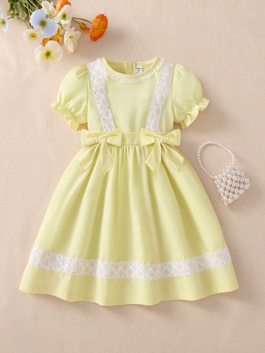 SHEIN 年轻女孩泡泡袖公主裙,带蕾丝领、蝴蝶结装饰和蕾丝下摆,适合各种场合 - 黃色 - 查看 1