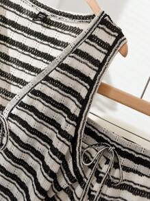 CosyJoli Plus Size Casual Minimal Striped Texture 2Pcs Set, Tank Top + Shorts, Suitable For Loungewear And Everyday Wear - Black and White - View 5