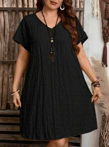 EMERY ROSE Vestido de talla grande de unicolor con manga corta y escote en V, de moda para el verano