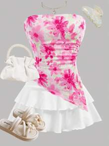 Girlism Tween Girls 2pcs/Set Floral Print Ruched Asymmetrical Hem Tube Top & White Layered Cute Skirt Outfit