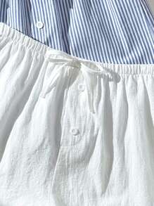 SHEIN 2 件套：少女亚麻条纹蝴蝶结白色休闲短裤 + 运动短裤，适合春夏季、度假、沙滩装