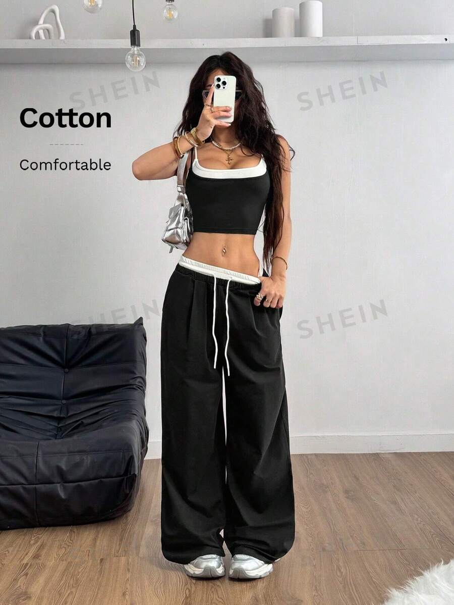 Coolane Conjunto de ropa de primavera/verano para mujer con estilo de calle de moda, parte superior de cami con empalme de colores contrastantes 2 en 1 + pantalones con bloques de color