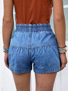 LanaWest Women Elastic Waist Ruffle Hem Denim Shorts