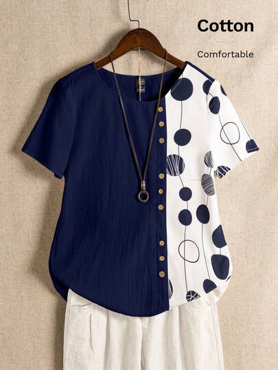 EMERY ROSE Plus Size Women's Summer Casual Vacation Country Polka Dot Patchwork Navy Blue Short Sleeve Blouse Shirt Top, Summer Holiday,Spring Break Outfits ,Vacation Outfits Women ,Holiday Outfits For Women,Spring Dress Women,Going Out Outfits,2026 New Clothes,Simple And Fashionable For Everyday Wear,Casual Vacation Boho Top Casual Tops Women Plus Size Tops